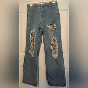 Womens SHEIN Light Blue Distressed & Ripped Straight Leg Jeans